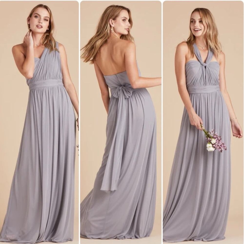 Birdy Grey Chicky Mesh Convertible Bridesmaid Maxi Dress in Silver Sz M NEW‎